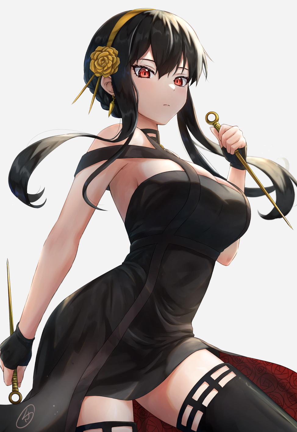 1girl amano_kusatsu artist_logo bangs black_dress black_gloves black_legwear breasts closed_mouth contrapposto cowboy_shot dagger dress dual_wielding earrings expressionless fingerless_gloves floral_print gloves gold gold_earrings gold_hairband hand_up highres holding holding_dagger holding_weapon jewelry knife large_breasts long_hair red_eyes rose_hair_ornament rose_print short_hair_with_long_locks sidelocks simple_background sleeveless sleeveless_dress solo spikes spy_x_family thigh-highs weapon yor_briar zettai_ryouiki