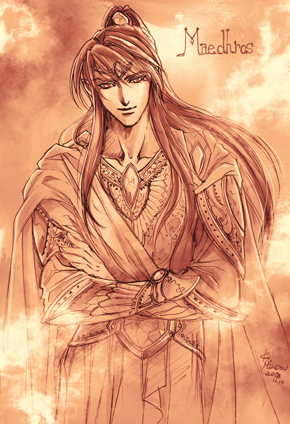 1boy armor bracer brown_theme cape character_name circlet closed_mouth dated head_tilt highres kazuki-mendou maedhros male_focus monochrome one-hour_drawing_challenge ponytail revision signature smile solo the_silmarillion tolkien's_legendarium traditional_media