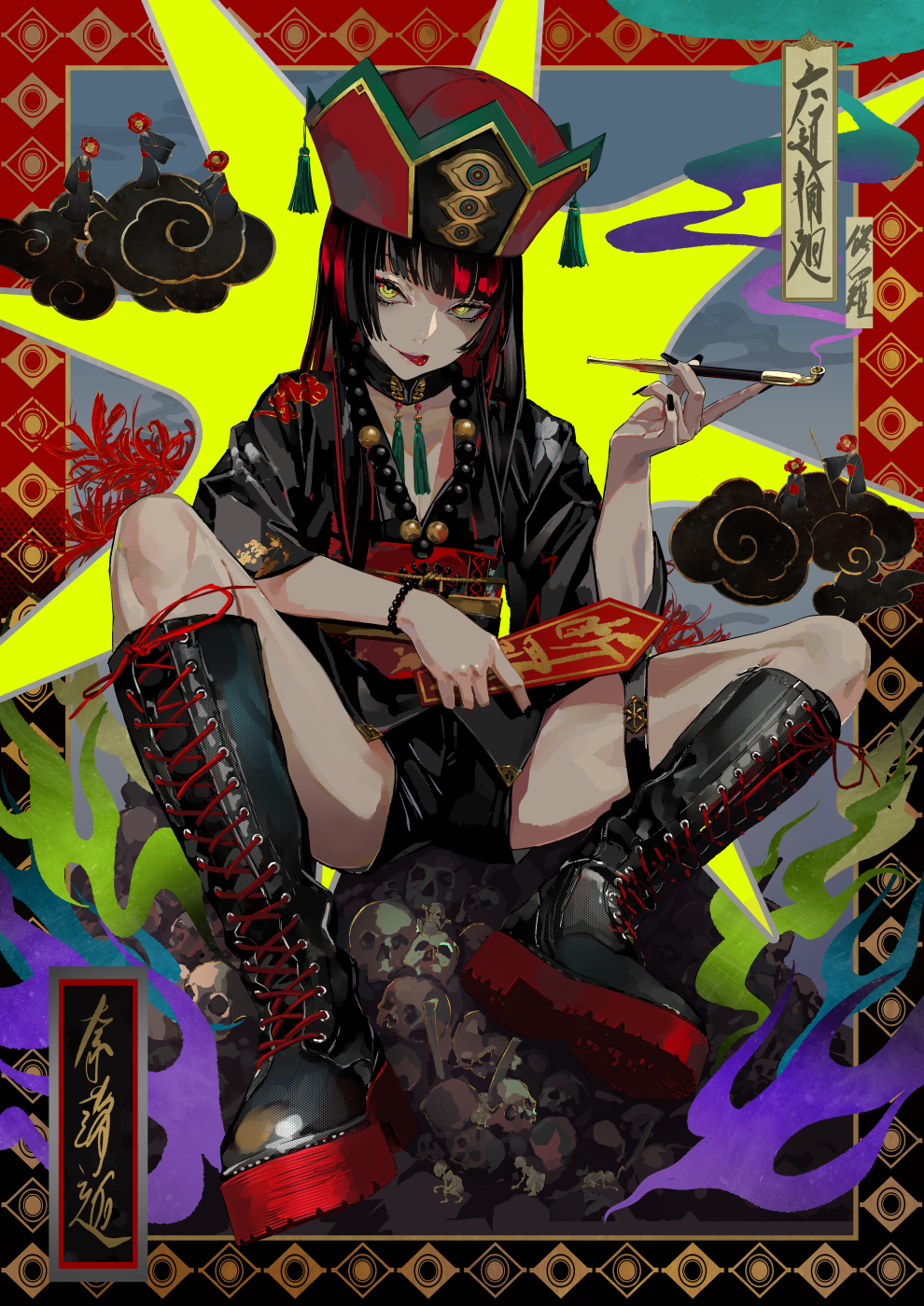 1girl black_choker black_footwear black_hair black_nails boots border bracelet chinese_clothes choker closed_mouth commentary_request cross-laced_footwear full_body highres holding holding_pipe jewelry kiseru knee_boots lace-up_boots lam_(ramdayo) long_hair nail_polish original pipe sitting skull smile smoke smoking solo tongue tongue_out yellow_eyes