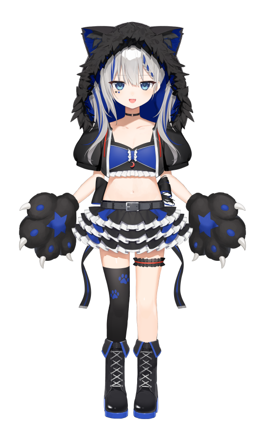 1girl :d animal_ear_headwear animal_ears animal_hands asymmetrical_legwear back_bow belt belt_buckle black_belt black_bow black_choker black_footwear black_gloves black_jacket black_legwear black_skirt blue_eyes blue_hair blue_skirt boots bow braid breasts buckle choker clothing_request collarbone commentary_request cropped_jacket cross-laced_footwear eyebrows_visible_through_hair fake_animal_ears fang fang_out frilled_skirt frills full_body fur-trimmed_jacket fur_trim gloves hair_between_eyes heart_stickers hood hooded_jacket jacket lace-up_boots layered_skirt long_hair midriff multicolored_clothes multicolored_hair multicolored_skirt navel o-ring o-ring_choker official_alternate_costume official_art open_belt paw_gloves paw_print pleated_skirt rurine_luna silver_hair simple_background single_braid single_thighhigh skirt small_breasts smile star_sticker sticker_on_face stomach streaked_hair thigh-highs toma_(norishio) torn_bow twintails virtual_youtuber wactor_production white_background wolf_ears wolf_hood zettai_ryouiki