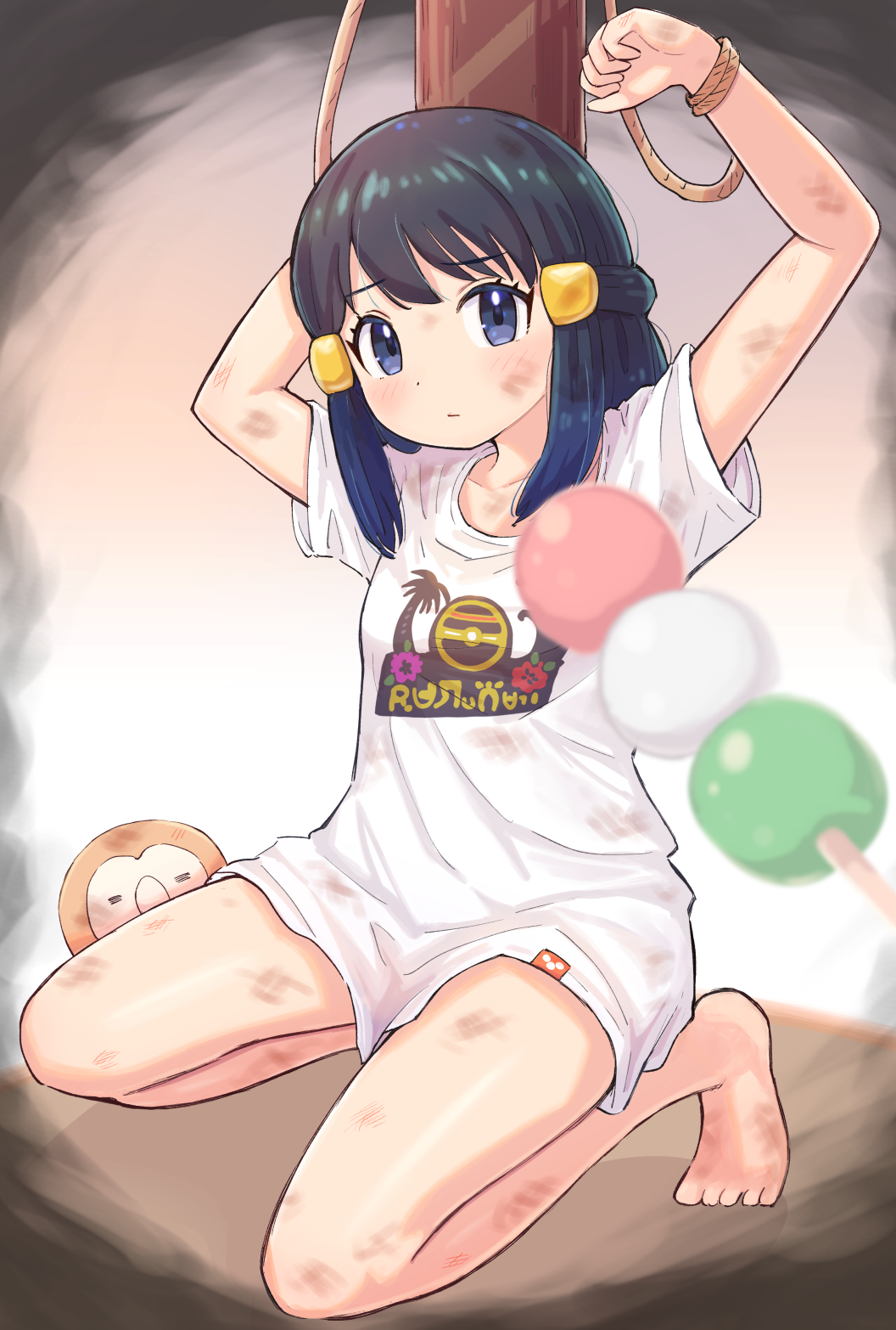 1girl akari_(pokemon) bangs barefoot black_hair blush closed_mouth collarbone commentary_request dirty dirty_clothes eyelashes grey_eyes hair_ornament hairclip highres kneeling kutabireta_neko long_hair looking_at_viewer pokemon pokemon_(creature) pokemon_(game) pokemon_legends:_arceus print_shirt rope rowlet shirt short_sleeves sidelocks skewer t-shirt toes white_shirt