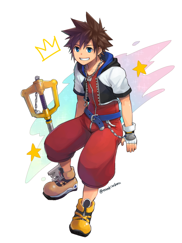 1boy belt_buckle blue_eyes brown_hair buckle commentary_request fingerless_gloves gloves jewelry keyblade kingdom_hearts kingdom_key looking_at_viewer male_focus necklace short_hair short_sleeves simple_background smile solo sora_(kingdom_hearts) spiky_hair teeth torakichi_(ebitendon) white_background yellow_footwear zipper