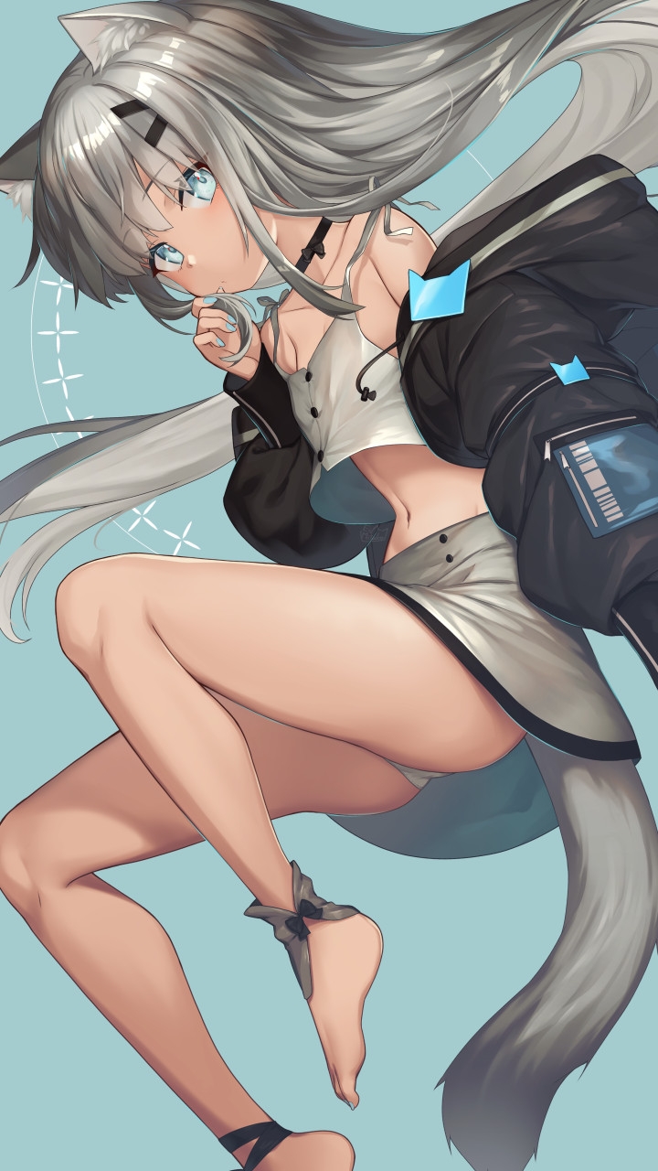 1girl animal_ear_fluff animal_ears ankle_wrap bare_legs barefoot blue_eyes breasts camisole cat_ears cat_girl cat_tail grey_skirt highres jacket long_hair long_sleeves looking_at_viewer midriff miniskirt mitake_eil navel off_shoulder original panties pantyshot silver_hair skirt small_breasts stomach tail underwear