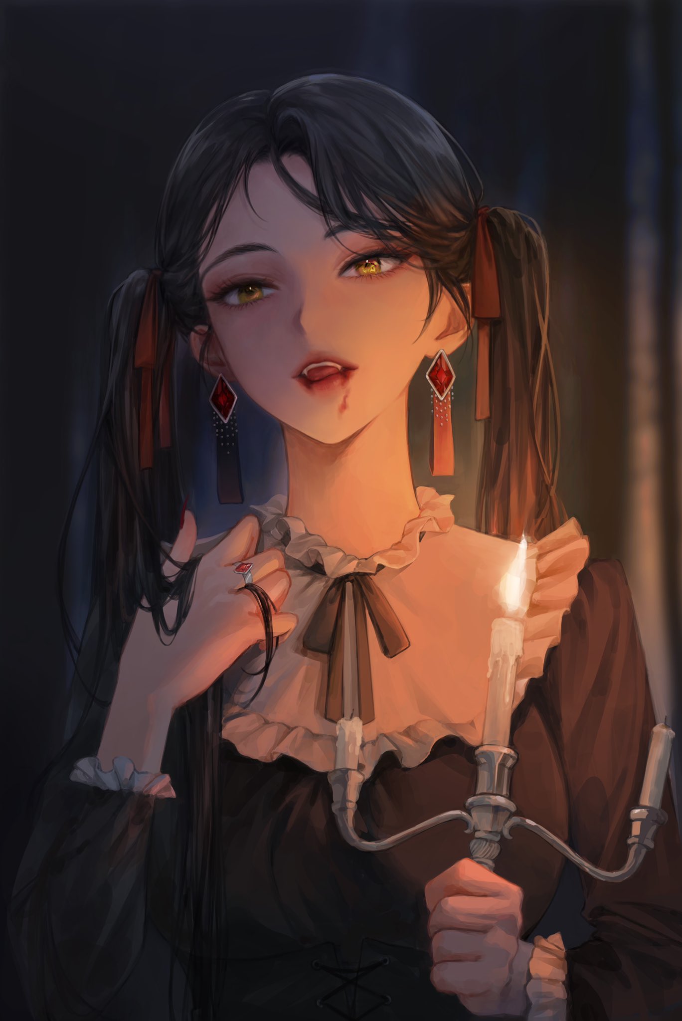 1girl black_hair blood blood_on_face candelabra candle collar earrings fangs fire frilled_collar frilled_sleeves frills hand_in_own_hair highres jewelry licking_lips looking_at_viewer original ring smile solo tanna tongue tongue_out twintails upper_body vampire yellow_eyes