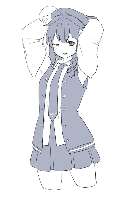 1girl ahoge arms_behind_head braid cropped_legs greyscale hair_flaps hair_over_shoulder jacket kantai_collection letterman_jacket looking_at_viewer monochrome necktie official_alternate_costume one_eye_closed shigure_(kancolle) single_braid solo tamu_(mad_works)