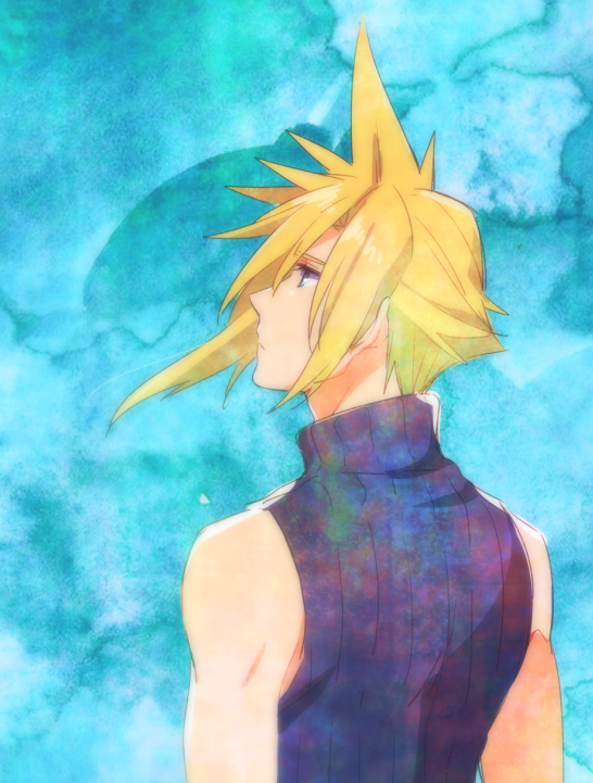 1boy armor_removed asymmetrical_hair bangs bare_arms blonde_hair blue_background blue_eyes blue_shirt cloud_strife final_fantasy final_fantasy_vii krudears muscular muscular_male parted_bangs shirt sleeveless sleeveless_turtleneck solo spiky_hair turtleneck upper_body watercolor_background watercolor_effect