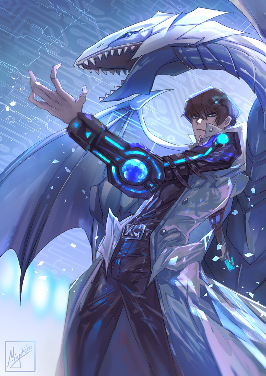 1boy black_jacket black_pants blue-eyes_white_dragon blue_eyes brown_hair closed_mouth coat dragon duel_monster frown hair_between_eyes highres jacket kaiba_seto leaning_back male_focus miyukiko open_clothes open_coat pants short_hair sleeveless_coat solo white_coat yu-gi-oh! yu-gi-oh!_duel_monsters