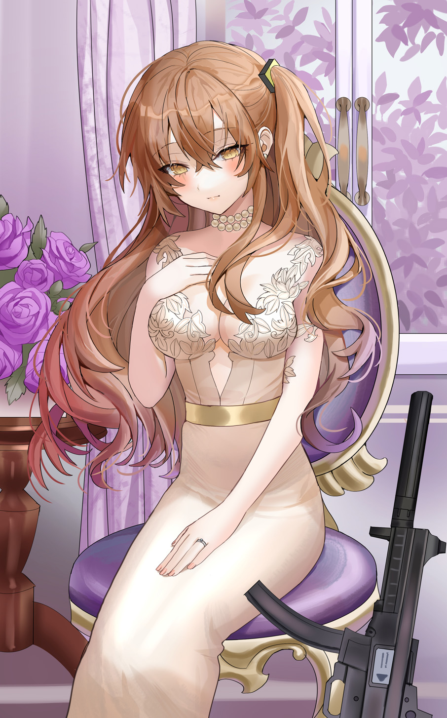 1girl alternate_costume bare_arms bare_shoulders blush brown_dress brown_eyes brown_hair chair closed_mouth commentary commission dress english_commentary flower girls_frontline h&amp;k_ump9 hand_up highres indoors jewelry lloule long_hair looking_at_viewer necklace object_namesake on_chair one_side_up pearl_necklace pixiv_request purple_flower purple_rose rose sitting sleeveless sleeveless_dress smile solo suppressor ump9_(girls'_frontline) very_long_hair window