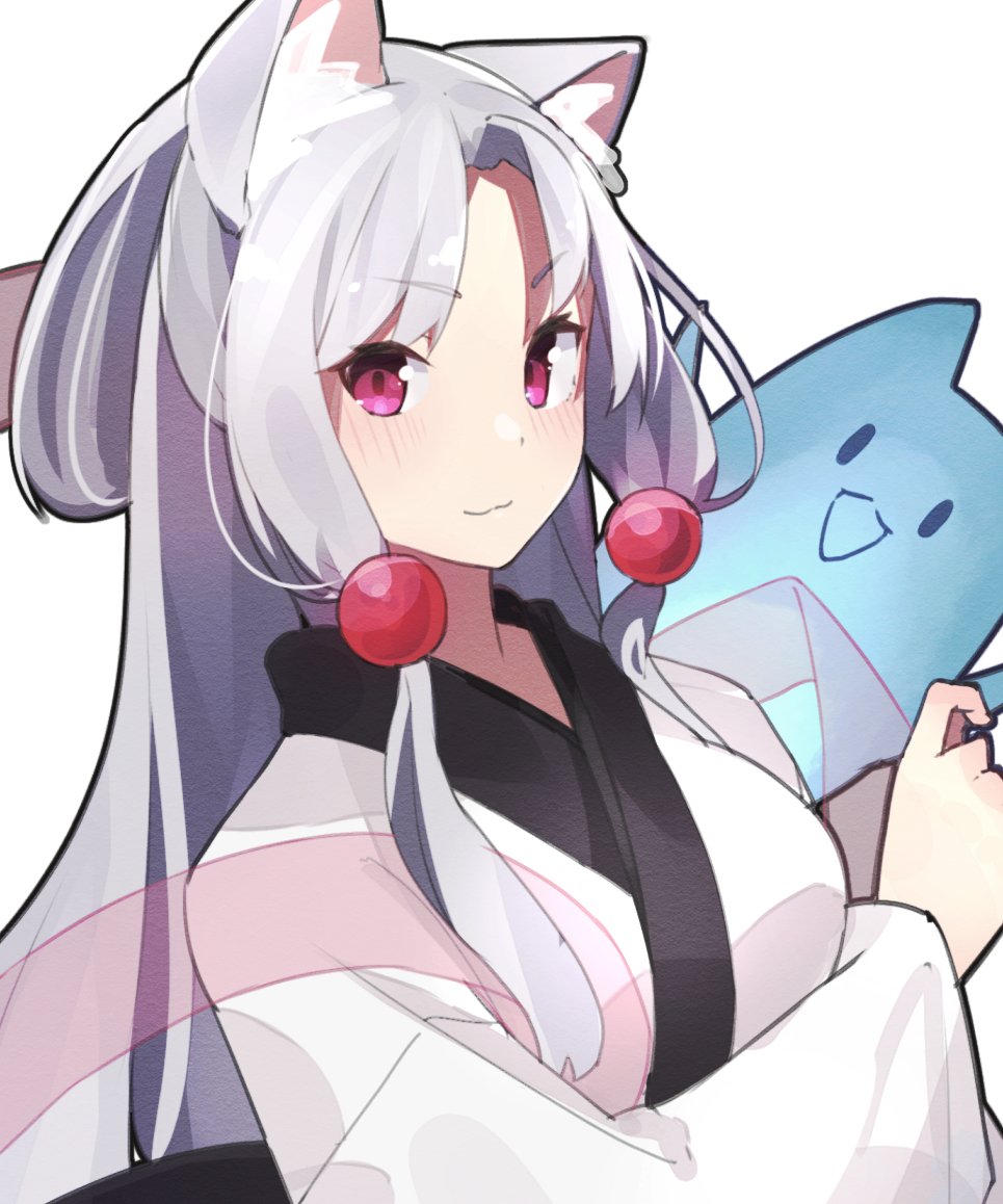 1girl 1other :3 animal_ears beads closed_mouth commentary fox_ears grey_hair hagoromo hair_beads hair_ornament japanese_clothes kimono long_hair looking_at_viewer mo_kiduti nhk_(voiceroid) open_mouth shawl sidelocks smile solid_oval_eyes spirit touhoku_itako upper_body violet_eyes voiceroid white_background white_kimono