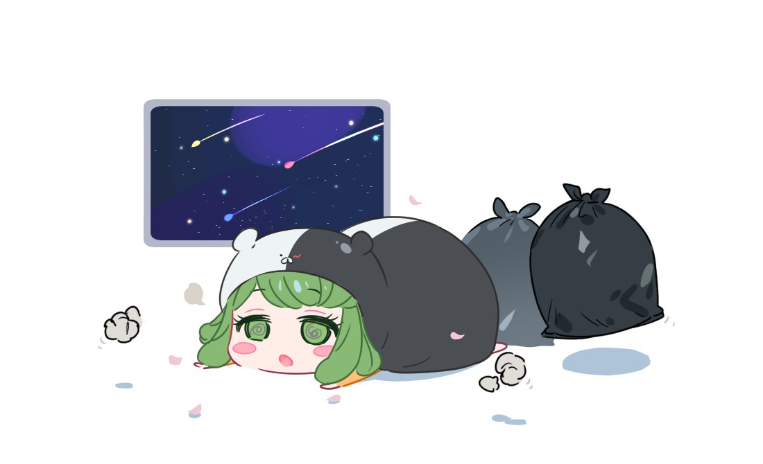 1girl :o bangs blush_stickers cosplay danganronpa_(series) danganronpa_another_episode:_ultra_despair_girls doma_umaru doma_umaru_(cosplay) eyebrows_visible_through_hair green_eyes green_hair hood hood_up lying monokuma monokuma_(cosplay) on_stomach pin_(ke0070831) short_hair simple_background solo space towa_monaka trash_bag white_background window