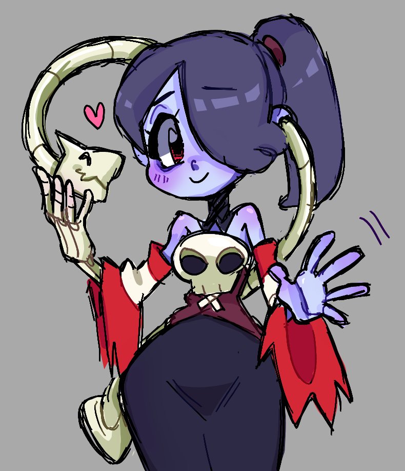 1girl bare_shoulders blue_hair blue_skin colored_skin commentary detached_collar dress english_commentary hair_over_one_eye leviathan_(skullgirls) mercysstrap red_eyes skeletal_arm skull skullgirls smile snake squigly_(skullgirls) strapless strapless_dress striped_sleeves twitter_username zombie