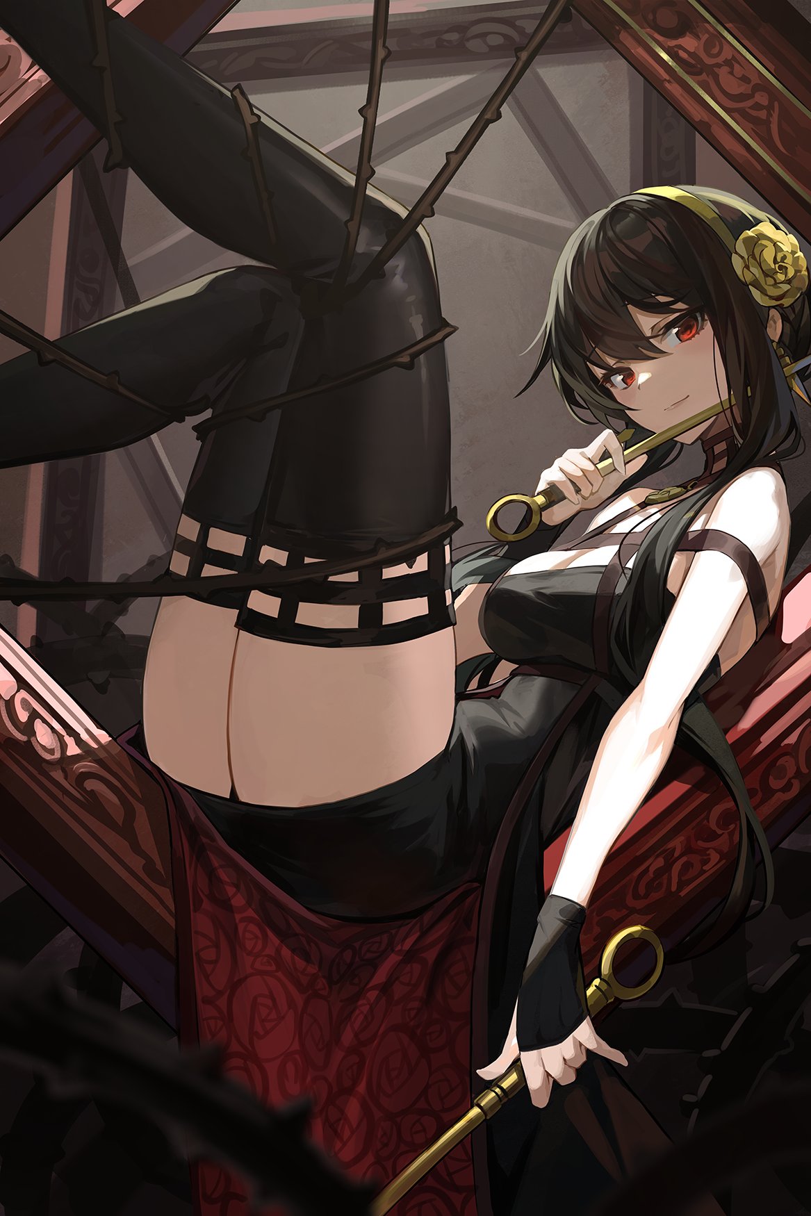 1girl bangs black_dress black_gloves black_hair black_legwear breasts closed_mouth dagger dress dual_wielding feet_out_of_frame floral_print from_side gloves gold_hairband goomrrat highres holding holding_dagger holding_weapon knife large_breasts legs_up long_hair looking_at_viewer picture_frame plant red_eyes rose_hair_ornament rose_print sitting solo spikes spy_x_family thigh-highs thighs thorns two-sided_dress vines weapon yor_briar zettai_ryouiki