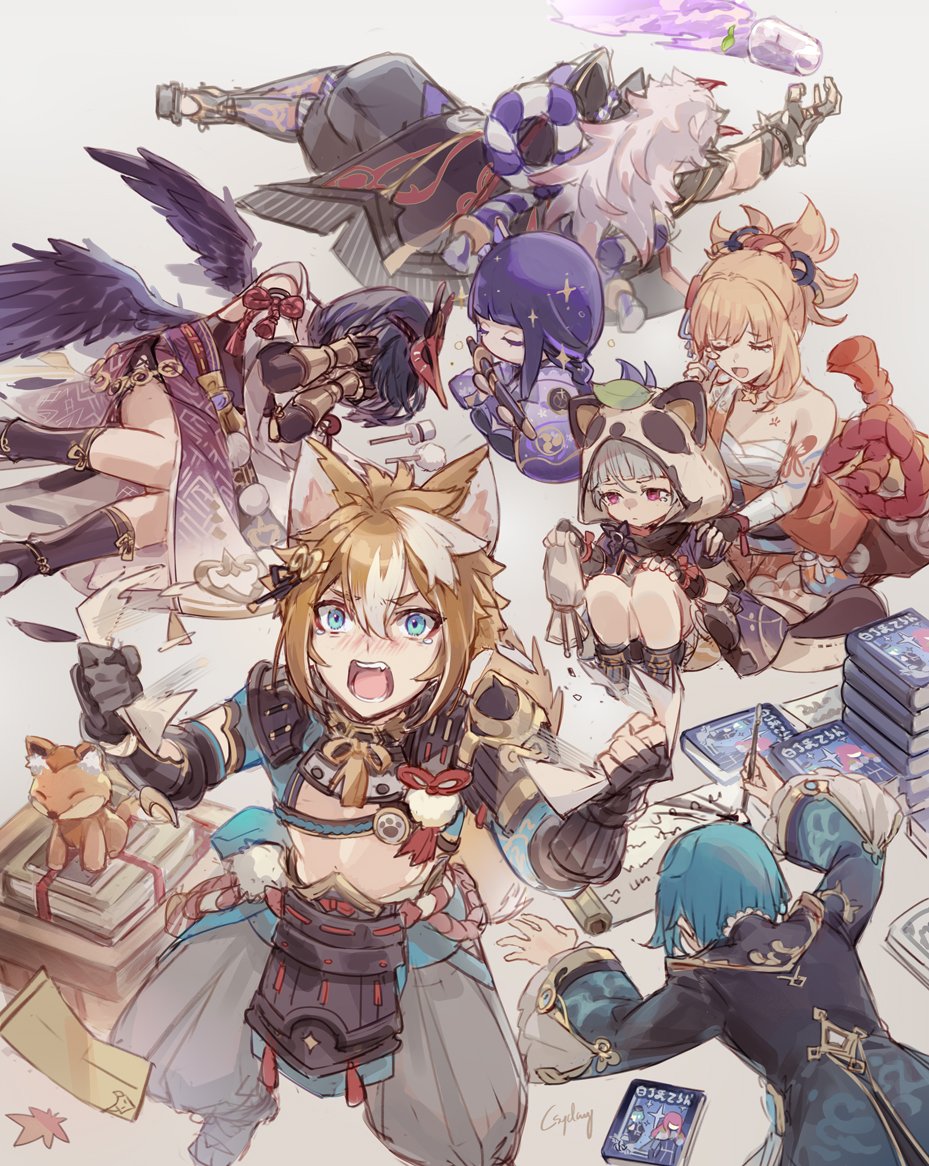 3boys 3girls animal_ears animal_hood arataki_itto armor bandaged_arm bandaged_leg bandages belt bird_mask black_hair black_scarf blue_eyes blue_hair blush book book_stack bracelet brown_hair calligraphy calligraphy_brush chest_sarashi chest_tattoo choker closed_eyes commentary covering_face crop_top csyday dog_boy dog_ears dog_tail english_commentary fang feathered_wings figure fingerless_gloves flower_tattoo frilled_shirt_collar frilled_sleeves frills frown gauntlets genshin_impact glass gloves gorou_(genshin_impact) grey_background grey_hair hadanugi_dousa hood horns igote japanese_armor japanese_clothes jewelry kimono kujou_sara leaf leaf_on_head legs long_coat long_hair long_sleeves lying mask mask_on_head multicolored_hair multiple_boys multiple_girls obi obiage obijime on_side on_stomach oni oni_horns open_mouth orange_hair orange_kimono paintbrush pants paw_print pouch raccoon_ears raiden_shogun red_choker red_eyes sarashi sash sayu_(genshin_impact) scarf scene_reference screaming short_hair signature simple_background single_fingerless_glove sitting sitting_on_lap sitting_on_person sleeveless sparkle spiked_bracelet spikes spill stomach streaked_hair stuffed_animal stuffed_dog stuffed_toy tail tassel tattoo tearing_paper tearing_up tengu_mask toned toned_male white_hair wide_sleeves wings xingqiu_(genshin_impact) yoimiya_(genshin_impact)