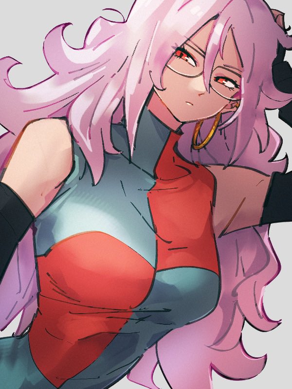 1girl android_21 breasts checkered_clothes checkered_dress colored_skin dragon_ball dragon_ball_fighterz dress glasses grey_background kemachiku long_hair majin_android_21 medium_breasts pink_hair pink_skin simple_background solo upper_body