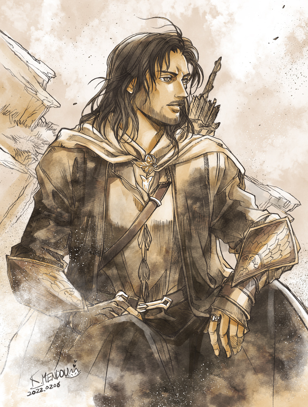1boy aragorn armor arrow_(projectile) beard breastplate cape dated facial_hair highres jewelry kazuki-mendou long_hair male_focus parted_lips quiver ring robe signature sitting solo the_lord_of_the_rings tolkien's_legendarium