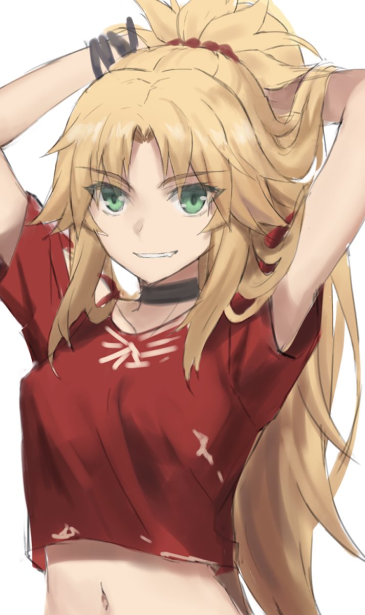 1girl arms_up bangs blonde_hair braid breasts choker fate/apocrypha fate_(series) french_braid green_eyes grin highres long_hair looking_at_viewer mordred_(fate) mordred_(fate/apocrypha) parted_bangs ponytail red_shirt shirt short_sleeves sidelocks sketch small_breasts smile solo tonee