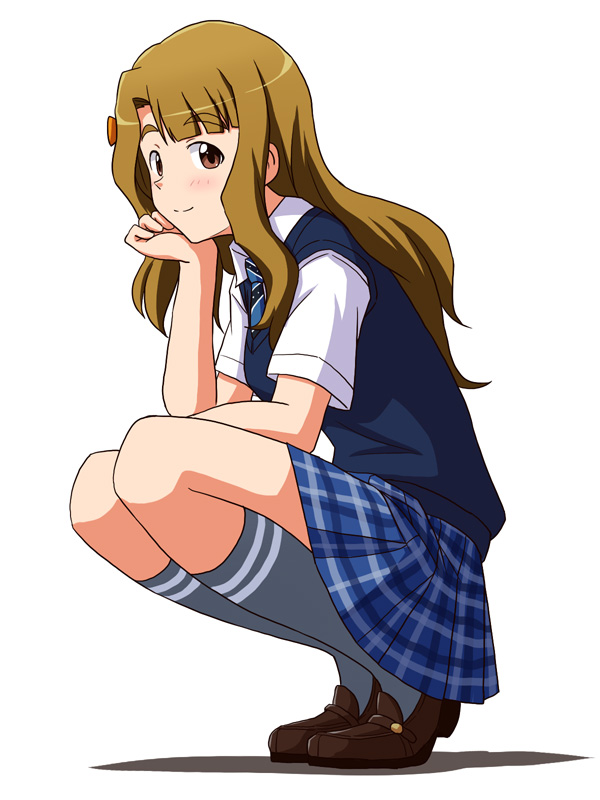 arm_on_thigh blue_necktie blue_skirt blue_vest brown_eyes brown_footwear brown_hair checkered_clothes checkered_skirt commentary_request eyebrows_visible_through_hair grey_legwear hand_on_own_chin idolmaster idolmaster_million_live! idolmaster_million_live!_theater_days lielos light_blush long_hair looking_at_viewer miyao_miya necktie school_uniform shirt shoes short_sleeves sideways_glance skirt smile socks solo squatting thick_eyebrows vest white_background white_shirt wing_collar