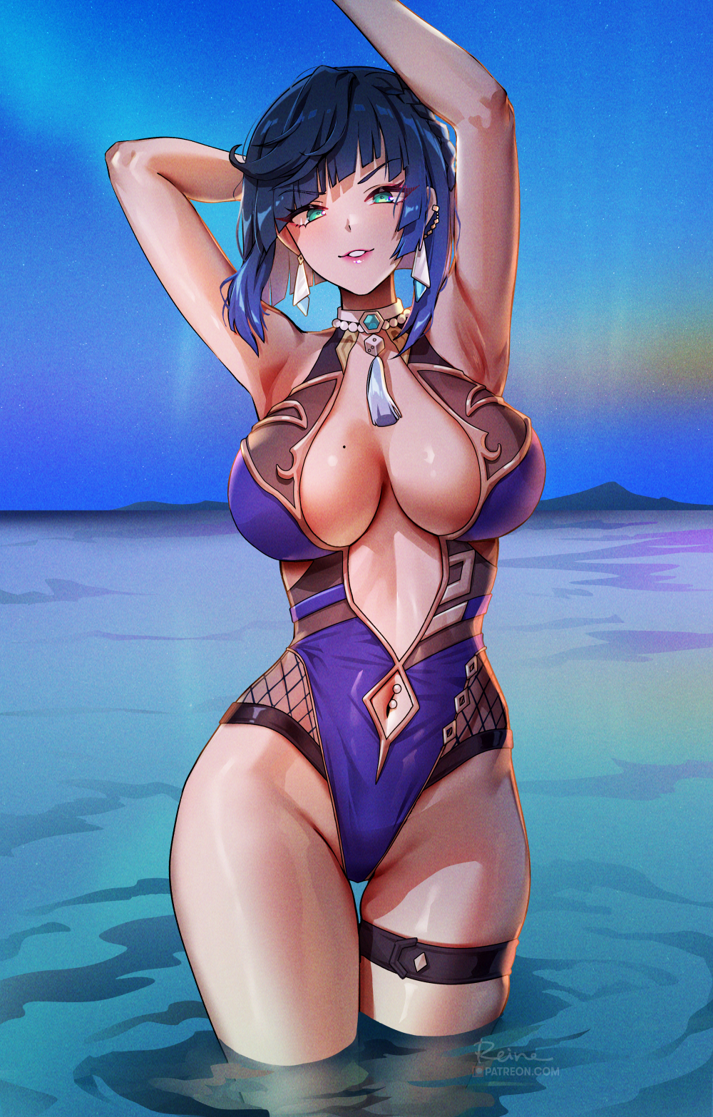 1girl armpits arms_behind_head arms_up bangs blue_hair breasts choker clothing_cutout diagonal_bangs dice foxyreine gem genshin_impact green_eyes highres large_breasts lips looking_at_viewer navel navel_cutout navel_piercing one-piece_swimsuit parted_lips piercing short_hair sky solo swimsuit tassel thigh_strap thighs v-shaped_eyebrows wading water white_choker yelan_(genshin_impact)