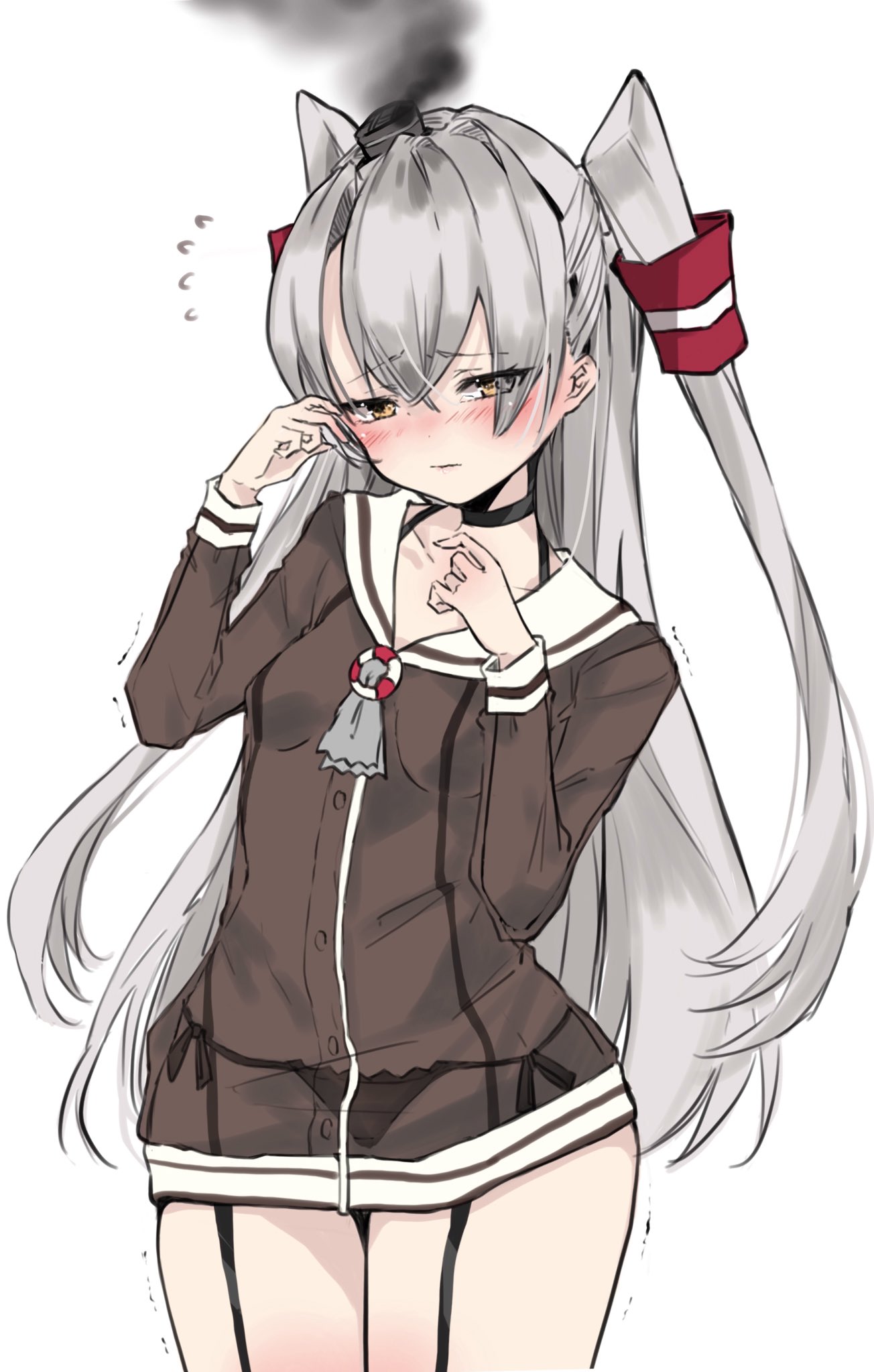 1girl amatsukaze_(kancolle) bangs black_dress blush breasts chigasaki_yukari closed_mouth commentary_request crying dress flying_sweatdrops garter_straps grey_hair hair_between_eyes hair_tubes highres kantai_collection long_hair long_sleeves orange_eyes sailor_collar sailor_dress simple_background small_breasts smoke solo tears trembling two_side_up very_long_hair white_background white_sailor_collar