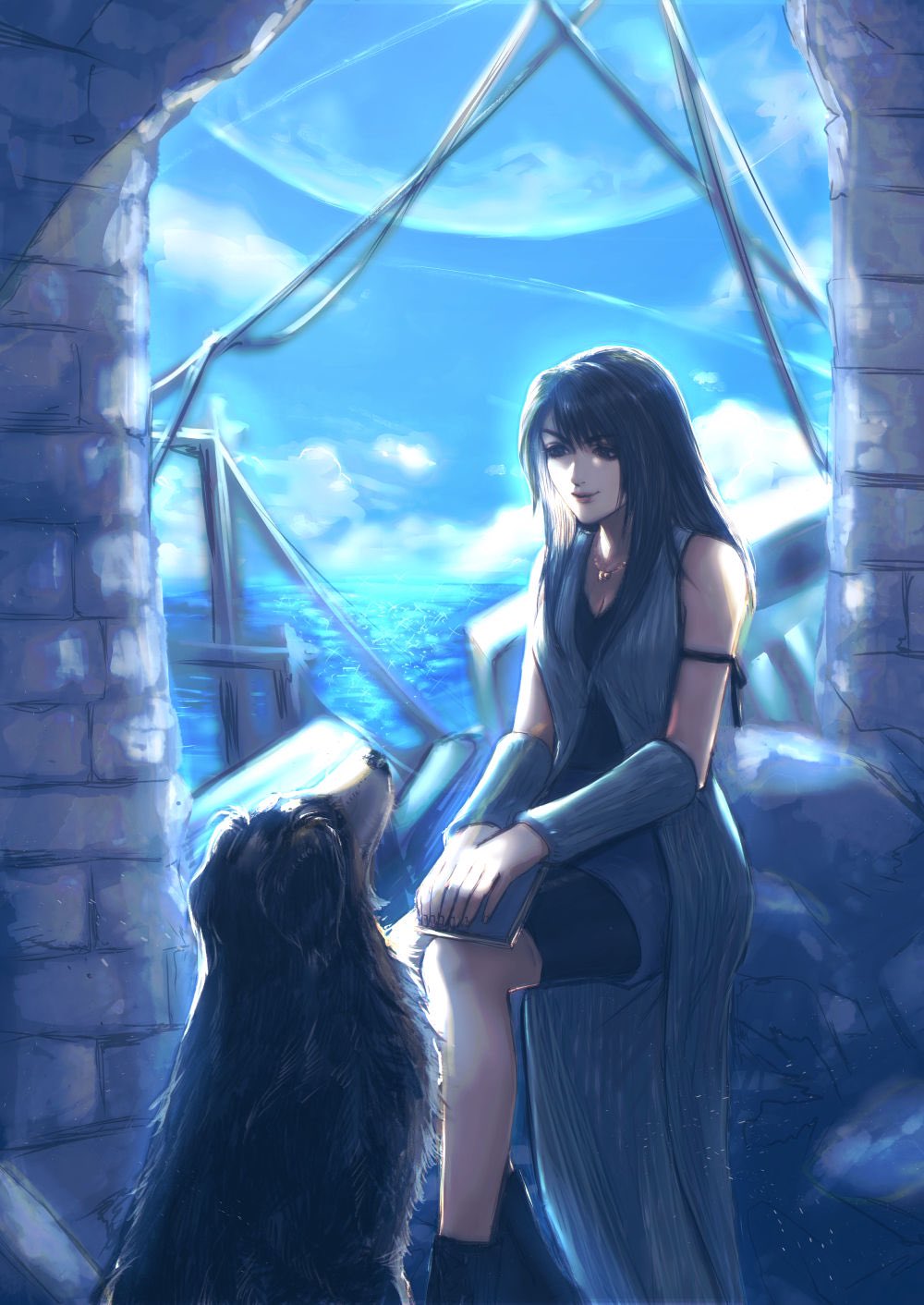 1girl angelo_(ff8) arm_warmers black_hair breasts closed_mouth clouds dog english_commentary feet_out_of_frame final_fantasy final_fantasy_viii highres jewelry long_hair necklace noie_(neunteedelstein) rinoa_heartilly sitting sleeveless_duster smile
