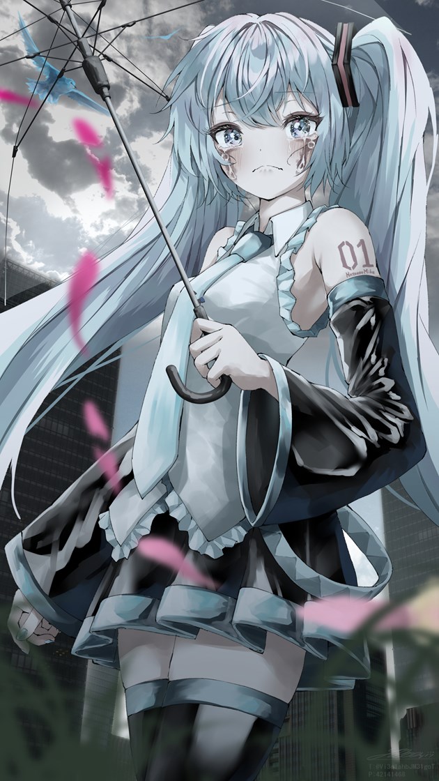 1girl bangs bare_shoulders belt bird black_legwear blue_eyes blue_hair clenched_hand closed_mouth clouds collared_shirt crying crying_with_eyes_open detached_sleeves frown hair_ornament hatsune_miku holding holding_umbrella lace_trim legs_together long_hair long_sleeves looking_at_viewer looking_down makeup miniskirt nail_polish necktie outdoors petals pleated_skirt runny_makeup shirt shirubaa skirt sleeveless solo tears thigh-highs transparent transparent_umbrella twintails umbrella very_long_hair vocaloid zettai_ryouiki