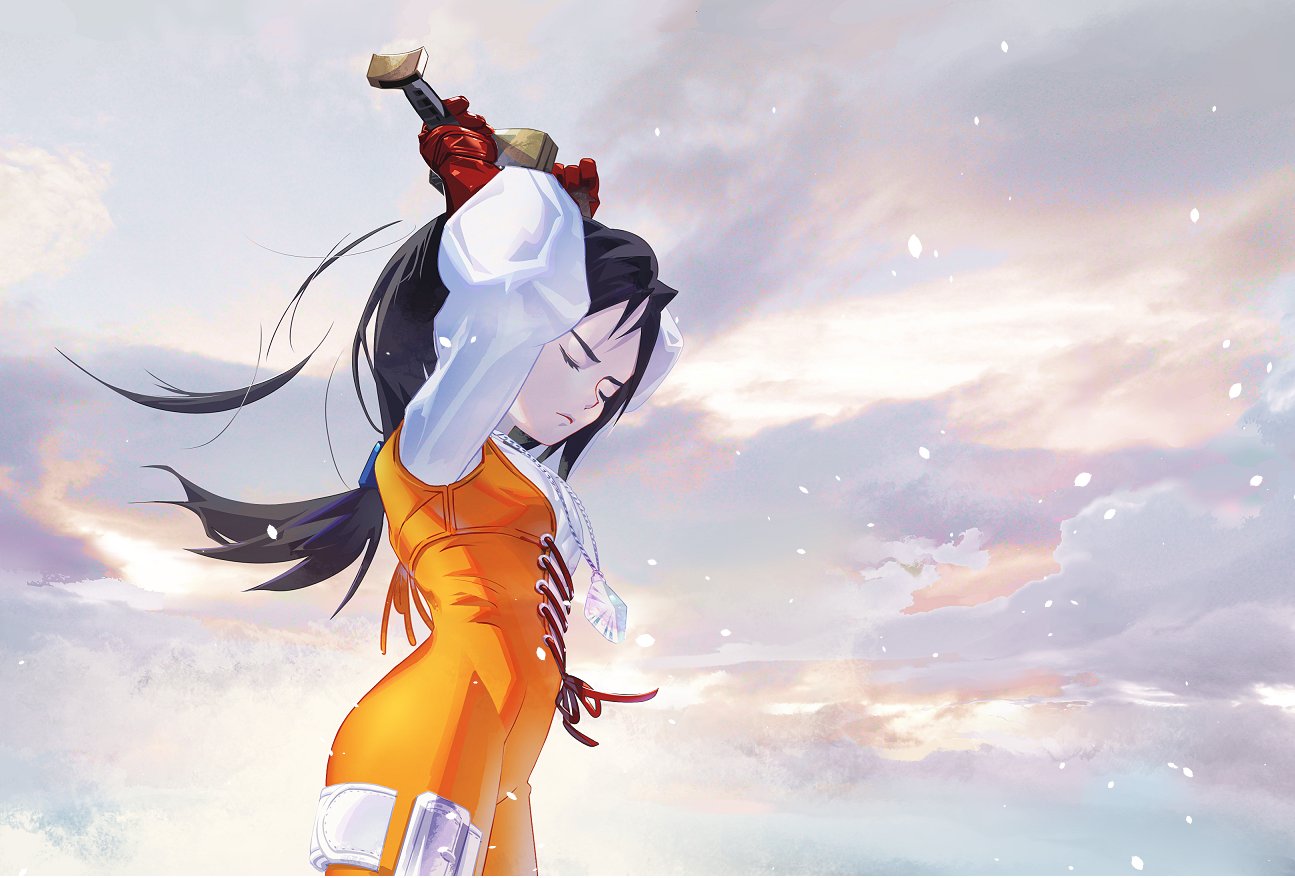 1girl blouse bodysuit brown_hair choker closed_eyes clouds cloudy_sky cofffee cutting_hair final_fantasy final_fantasy_ix garnet_til_alexandros_xvii gloves jewelry knife lace-up_top long_hair low-tied_long_hair necklace orange_bodysuit pendant puffy_sleeves red_gloves shirt short_hair sky solo thigh_strap upper_body white_shirt
