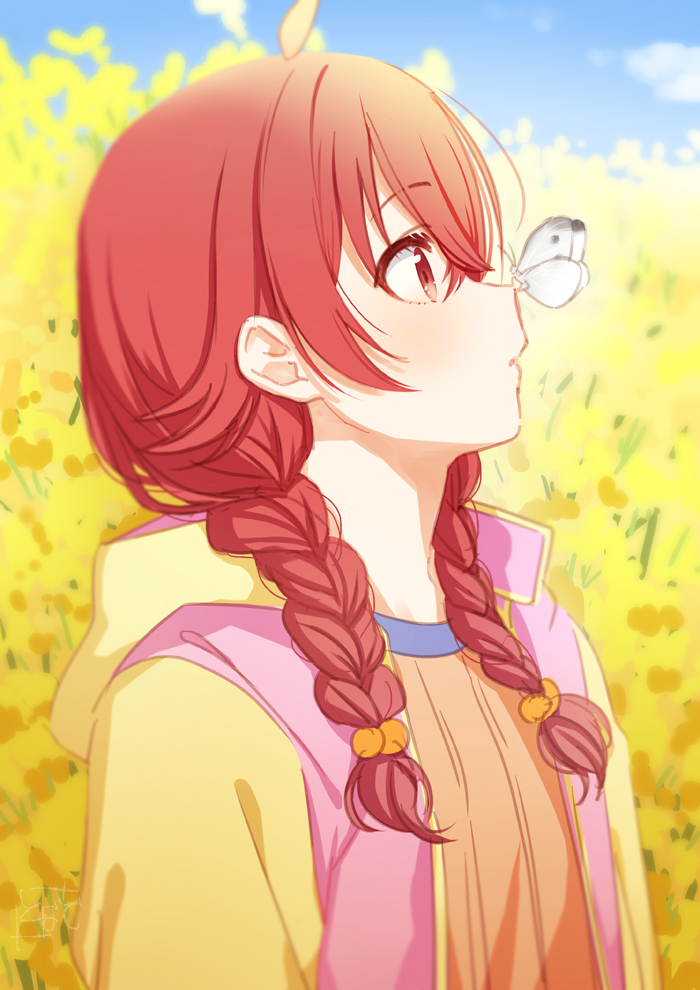1girl ahoge blue_sky braid bug butterfly butterfly_on_nose idolmaster idolmaster_shiny_colors komiya_kaho looking_at_animal outdoors profile red_eyes redhead sky solo tobade_(tbd_edabot) twin_braids upper_body
