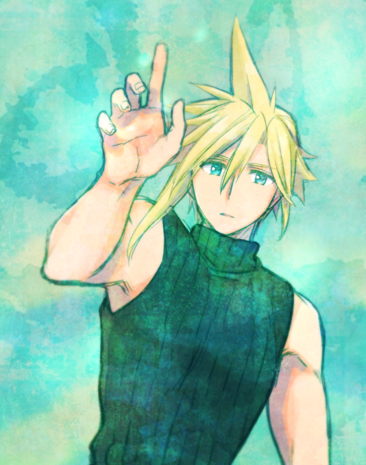 1boy armor_removed asymmetrical_hair bare_arms blonde_hair blue_eyes blue_shirt cloud_strife final_fantasy final_fantasy_vii fingernails green_background krudears muscular muscular_male outstretched_arm reaching_out shirt short_hair sleeveless sleeveless_turtleneck solo spiky_hair turtleneck upper_body watercolor_background