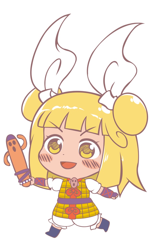1girl arm_ribbon arms_up bangs belt blonde_hair blue_footwear blush boots bow chibi commentary_request double_bun dress dress_bow eyebrows_visible_through_hair gyate_gyate hair_ribbon hands_up haniwa_(statue) joutouguu_mayumi leg_up looking_to_the_side open_mouth pants polearm puffy_short_sleeves puffy_sleeves purple_belt red_bow red_ribbon ribbon running shimaya_naokazu shirt short_hair short_sleeves simple_background smile solo spear tongue touhou v-shaped_eyebrows weapon white_background white_pants white_ribbon white_shirt yellow_dress yellow_eyes