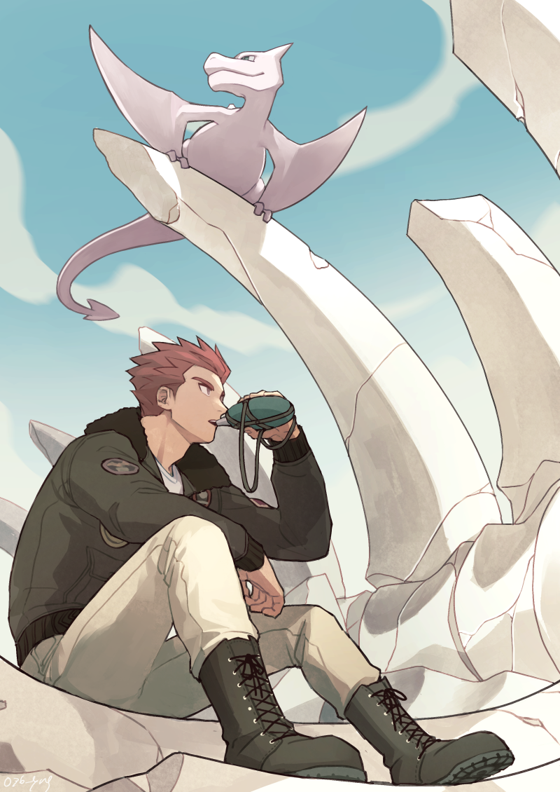 1boy aerodactyl alternate_costume boots clouds commentary_request crack day drinking from_below fur-trimmed_jacket fur_trim grey_footwear grey_jacket hand_up holding jacket lance_(pokemon) long_sleeves male_focus outdoors pants pokemon pokemon_(creature) pokemon_(game) pokemon_hgss redhead short_hair sky spiky_hair white_pants y_(036_yng)