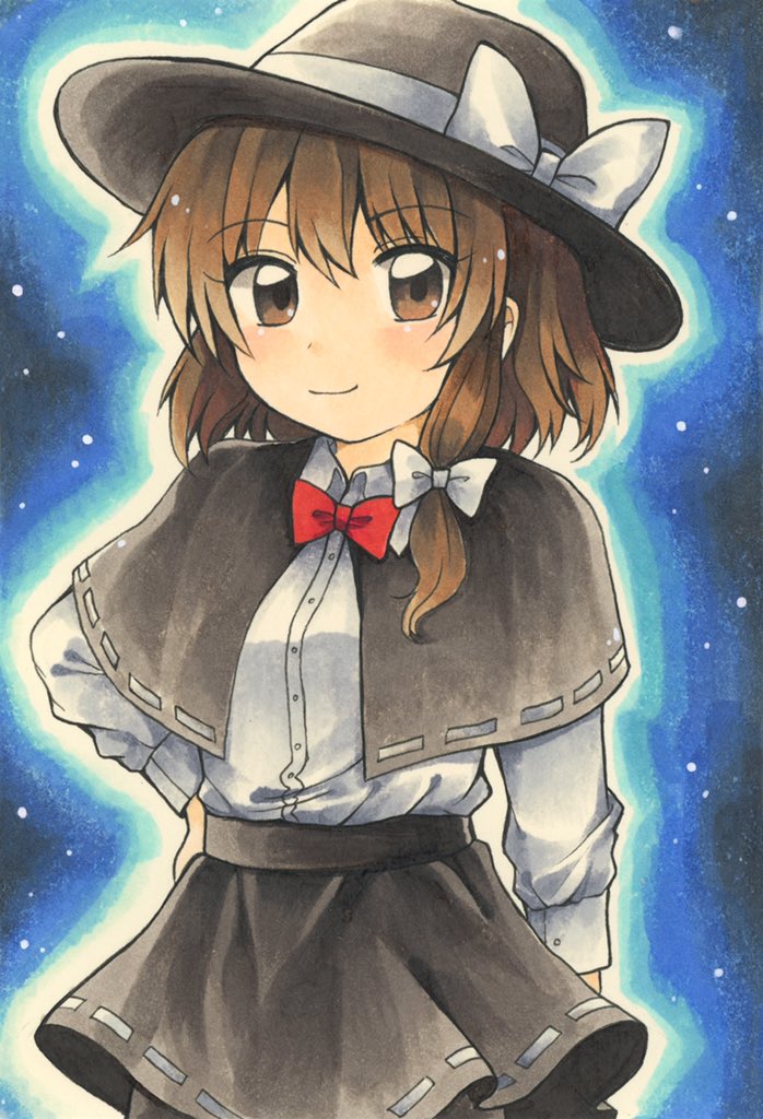 black_capelet black_headwear black_skirt bow bowtie brown_eyes brown_hair capelet closed_mouth collared_shirt fedora hair_bow happy hat hat_bow long_sleeves looking_at_viewer maa_(forsythia1729) marker_(medium) medium_hair red_bow red_bowtie shirt skirt smile touhou traditional_media usami_renko white_bow white_shirt