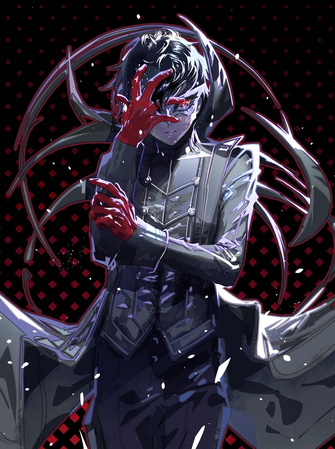 1boy amamiya_ren black_hair black_jacket buttons cofffee gloves hair_between_eyes hand_over_eye high_collar jacket long_jacket patterned_background persona persona_5 red_eyes red_gloves short_hair sleeve_cuffs solo upper_body