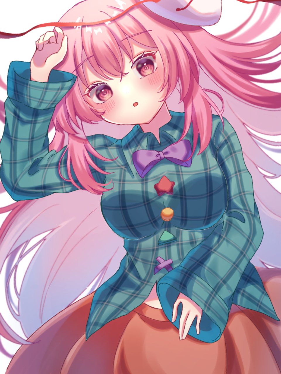 1girl :o \||/ arm_up bangs blush bow bowtie breasts cowboy_shot eyebrows_visible_through_hair hair_between_eyes hata_no_kokoro highres long_hair long_sleeves looking_at_viewer mask mask_on_head open_mouth pink_bow pink_eyes pink_hair pink_skirt plaid plaid_shirt shirt siomi_403 skirt solo touhou very_long_hair white_background