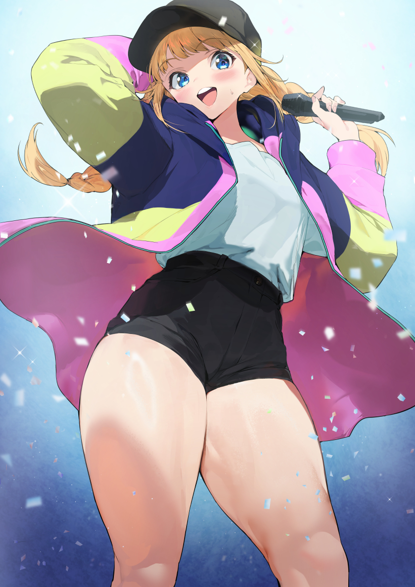 1girl :d bangs baseball_cap black_shorts blonde_hair blue_eyes braid confetti eyebrows_visible_through_hair from_below hat holding holding_microphone ikuchan_kaoru jacket long_hair looking_at_viewer looking_down microphone multicolored_clothes multicolored_jacket paripi_koumei shirt shirt_tucked_in shorts simple_background smile solo teeth thick_thighs thighs tsukimi_eiko twin_braids upper_teeth white_shirt