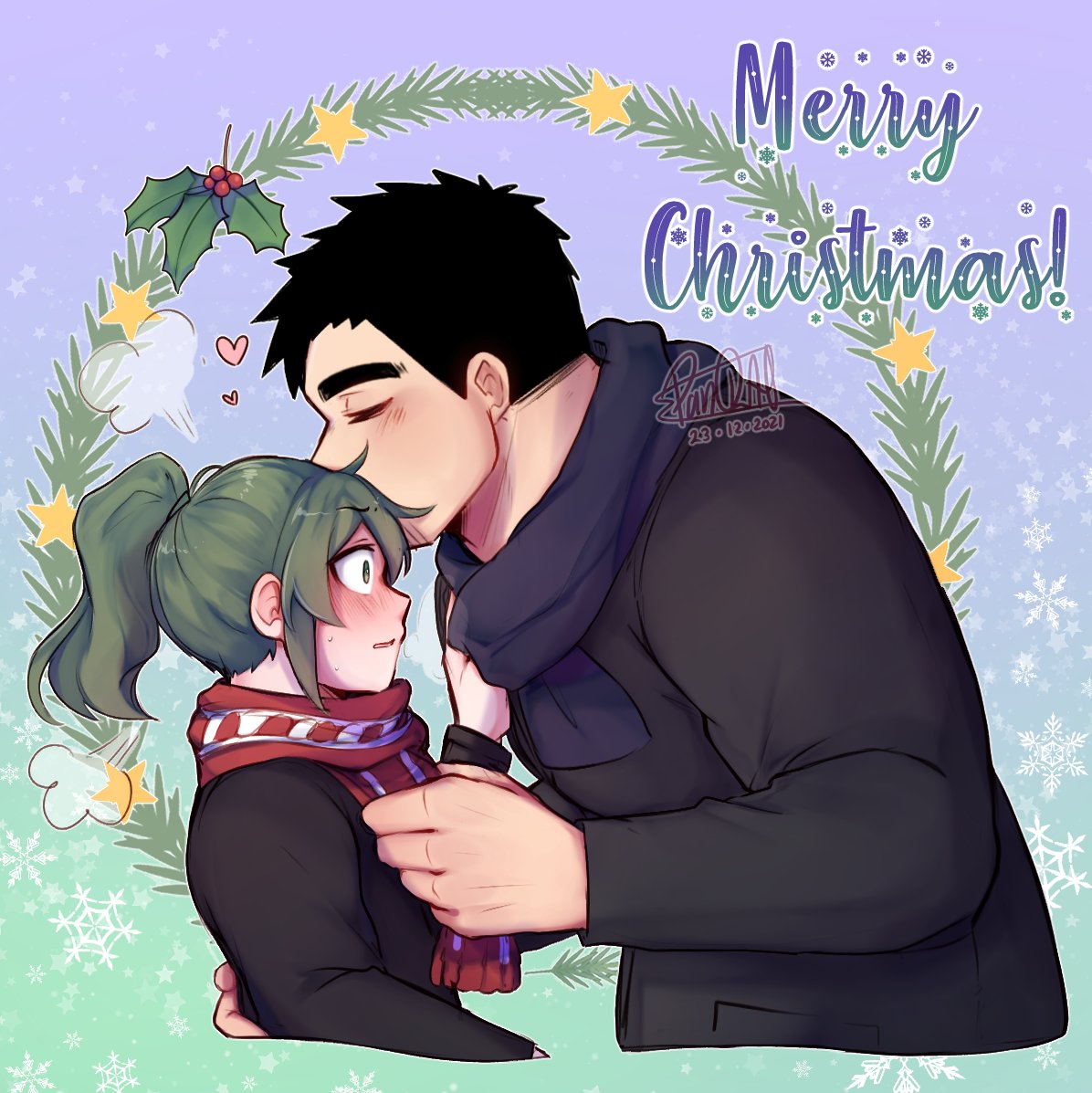 1boy 1girl black_hair blue_scarf blush christmas coat commentary facial_hair from_side full-face_blush green_eyes green_hair hand_on_another's_back heart height_difference hetero igarashi_futaba_(shiromanta) kiss kissing_forehead merry_christmas mistletoe overcoat panqlao red_scarf scarf scarf_grab senpai_ga_uzai_kouhai_no_hanashi short_hair short_ponytail stubble sweater symbol-only_commentary takeda_harumi_(shiromanta) thick_eyebrows upper_body wide-eyed winter_clothes
