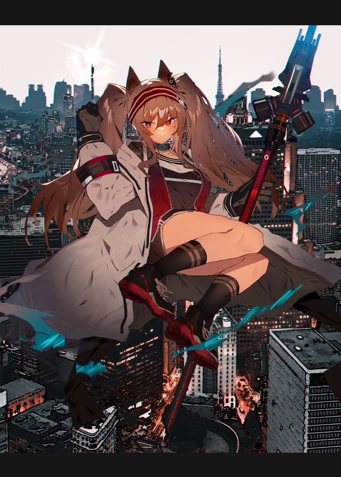 1girl angelina_(arknights) animal_ears arknights bangs black_gloves brown_hair city cityscape commentary_request day eyebrows_visible_through_hair flying fox_ears full_body gloves hairband holding holding_staff infection_monitor_(arknights) jacket long_hair long_sleeves looking_at_viewer open_clothes outdoors red_eyes red_hairband shirt smile solo soukou_makura staff twintails