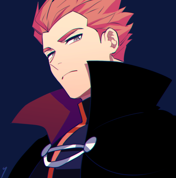 1boy black_cape blue_jacket cape closed_mouth commentary_request frown grey_eyes jacket lance_(pokemon) looking_at_viewer looking_down male_focus pokemon pokemon_(game) pokemon_hgss popped_collar redhead short_hair simple_background solo spiky_hair upper_body y_(036_yng)