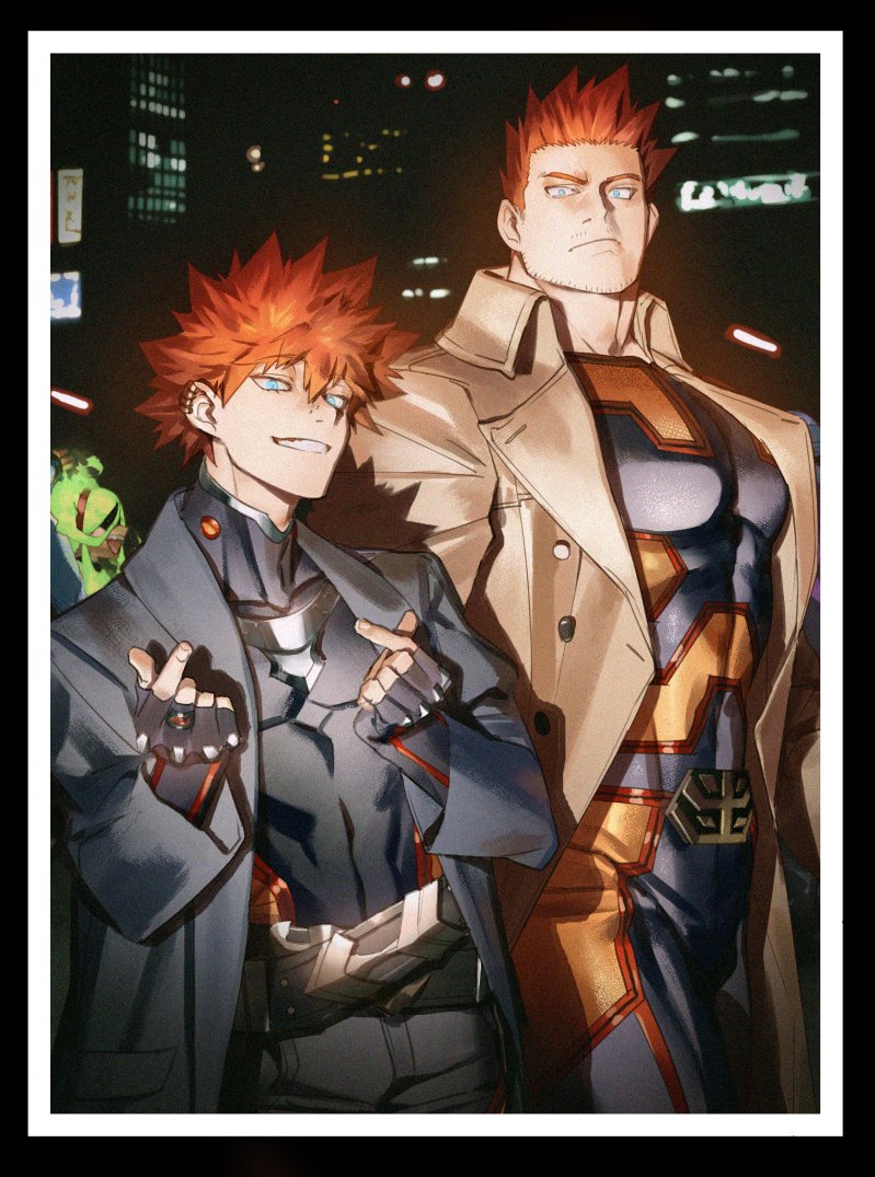 1girl 2boys alternate_universe bangs blue_eyes bodysuit boku_no_hero_academia building burnin_(boku_no_hero_academia) coat domino_mask ear_piercing endeavor_(boku_no_hero_academia) facial_hair father_and_son fiery_hair finger_heart fingerless_gloves fire gloves green_hair koooogasya long_hair long_sleeves looking_at_viewer male_focus mask multiple_boys nose_piercing outdoors photo_(object) piercing redhead skyscraper smile spiky_hair teeth todoroki_touya upper_body