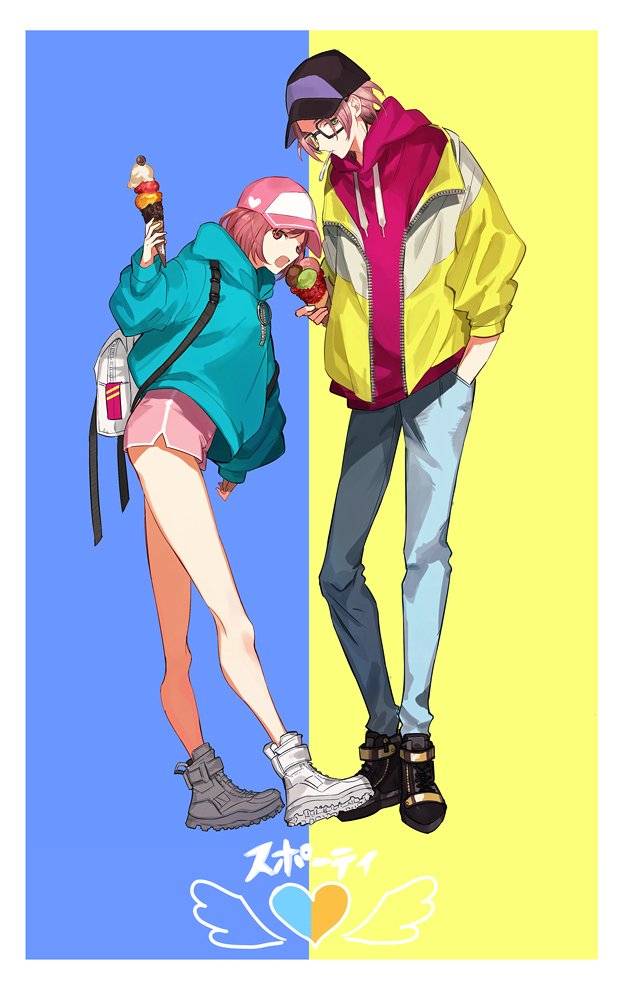 1boy 1girl a082 aqua_hoodie backpack bag bangs baseball_cap black_footwear black_headwear blue_background blue_pants bob_cut border casual drawstring eating food full_body glasses hand_in_pocket hand_up hat heart heart_print height_difference holding holding_food hood hood_down hoodie ice_cream ice_cream_cone jacket leaning_forward long_sleeves looking_at_viewer nanatsumori_minoru o-ring off_shoulder open_clothes open_jacket pants pink_eyes pink_headwear pink_hoodie pink_shorts protagonist_(tokimemo_gs4) sharing_food shoes shorts simple_background standing standing_on_one_leg tokimeki_memorial tokimeki_memorial_girl's_side_4th_heart triple_scoop two-tone_background unzipped white_footwear yellow_background yellow_jacket
