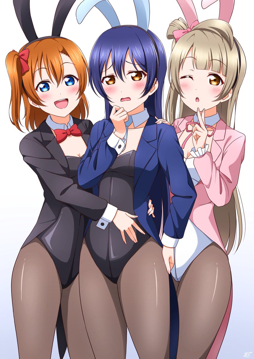 3girls animal_ears bangs black_leotard blue_eyes blue_hair blush bow bowtie commentary_request cowboy_shot embarrassed eyebrows_visible_through_hair fake_animal_ears grey_hair haruharo_(haruharo_7315) highres jacket kousaka_honoka leotard long_hair looking_at_viewer love_live! love_live!_school_idol_project minami_kotori multiple_girls necktie one_eye_closed one_side_up open_mouth orange_hair pantyhose playboy_bunny rabbit_ears sandwiched simple_background smile sonoda_umi strapless strapless_leotard swept_bangs wavy_mouth white_background white_leotard yellow_eyes