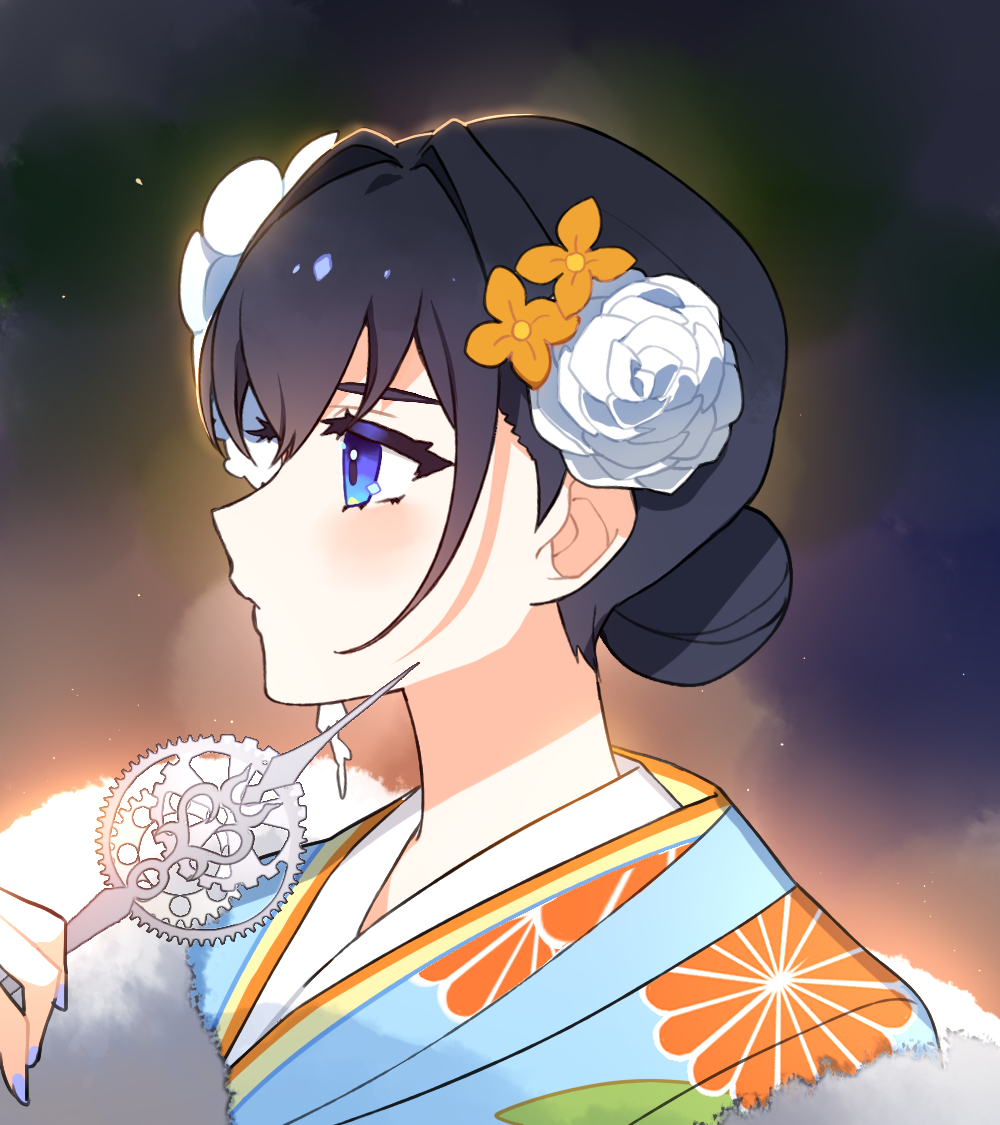 1girl black_hair blue_eyes blue_kimono blurry blurry_background closed_mouth depth_of_field feather_boa fingernails flower hair_bun hair_flower hair_ornament holding hololive hololive_english japanese_clothes kimono king_maguro looking_afar nail_polish orange_flower ouro_kronii profile purple_nails rose solo white_flower white_rose