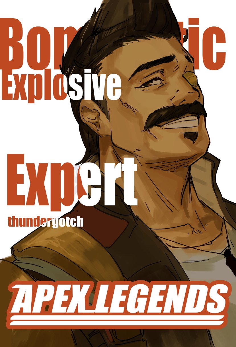 1boy apex_legends black_hair bleach brown_eyes brown_hair brown_jacket collarbone cover cover_page eyepatch facial_hair fake_cover fuse_(apex_legends) highres jacket jewelry logo_parody looking_at_viewer male_focus manga_cover mechanical_arms mustache necklace one_eye_covered parody shirt single_mechanical_arm sketch smile solo soul_patch thundergotch white_background white_shirt