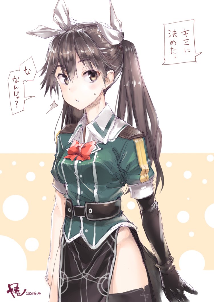 1girl ^^^ black_gloves black_legwear black_sash bow bowtie brown_eyes brown_hair commentary cowboy_shot dated elbow_gloves gloves green_jacket jacket kantai_collection karochii looking_at_viewer no_panties parted_lips pelvic_curtain red_bow red_bowtie sash signature single_glove single_thighhigh solo thigh-highs tone_(kancolle) translated twintails