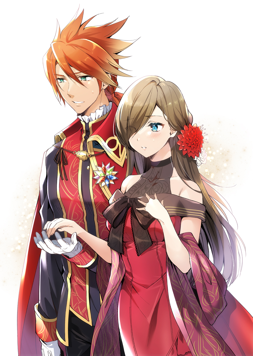 1boy 1girl bare_shoulders blue_eyes blush breasts brown_hair cape couple dress flower gloves green_eyes hair_flower hair_ornament hair_over_one_eye high_collar highres large_breasts long_hair low_ponytail luke_fon_fabre red_cape red_dress redhead shuragyoku_mami sleeveless sleeveless_dress tales_of_(series) tales_of_the_abyss tear_grants white_gloves