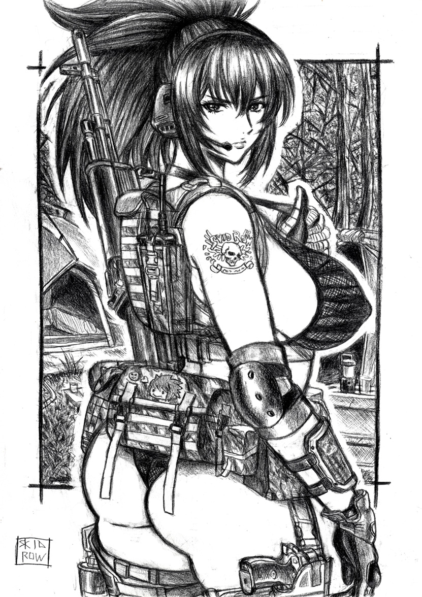 1girl ass assault_rifle breasts elbow_pads gloves greyscale gun headphones holster holstered_weapon large_breasts leona_heidern machine_gun microphone monochrome ponytail pouch radio rifle sideboob skidrow skull_tattoo soldier solo speaker tattoo the_king_of_fighters traditional_media walkie-talkie weapon