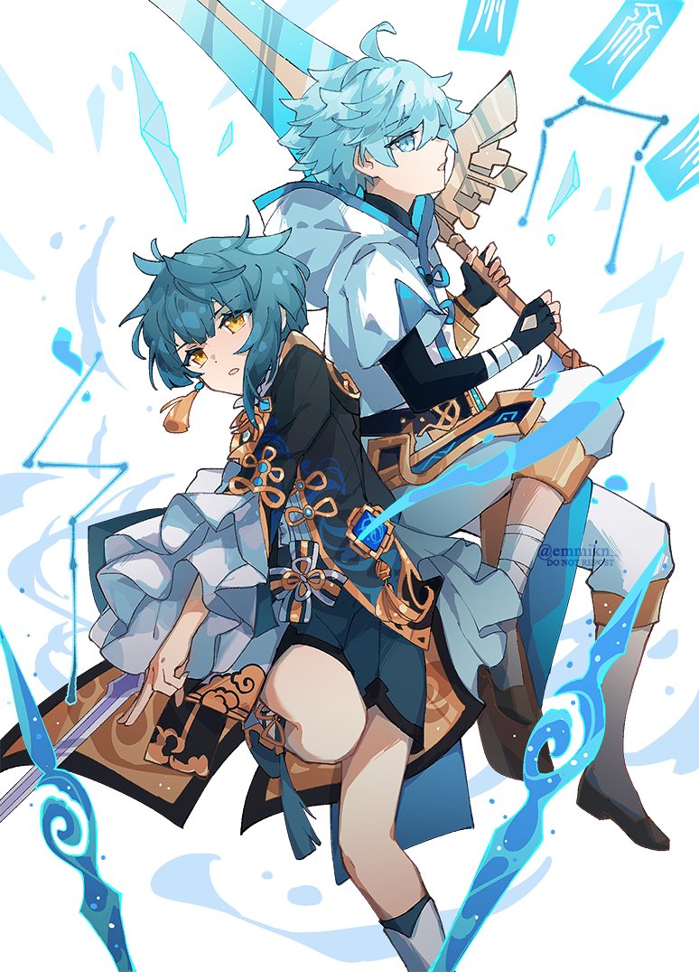 2boys androgynous blue_eyes blue_hair chongyun_(genshin_impact) claymore_(sword) emmikn full_body genshin_impact greatsword holding holding_sword holding_weapon ice looking_at_viewer looking_to_the_side male_focus multiple_boys open_mouth sword talisman water weapon white_background xingqiu_(genshin_impact) yellow_eyes