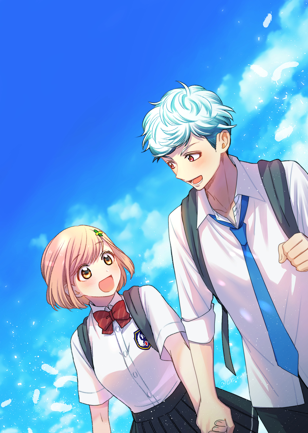 1boy 1girl :d backpack bag bangs black_skirt blazer blue_hair blue_necktie blue_sky bob_cut bow bowtie chiroru clouds collared_shirt cowboy_shot day dress_shirt emblem eye_contact feathers habataki_academy_uniform hair_ornament hairclip hanegasaki_academy_uniform highres holding_hands jacket looking_at_another looking_away looking_to_the_side miniskirt necktie pleated_skirt protagonist_(tokimemo_gs4) red_bow red_bowtie red_eyes school_uniform shirahane_daichi shirt short_hair short_sleeves skirt sky sleeves_folded_up smile swept_bangs tokimeki_memorial tokimeki_memorial_girl's_side_4th_heart walking white_shirt yellow_eyes