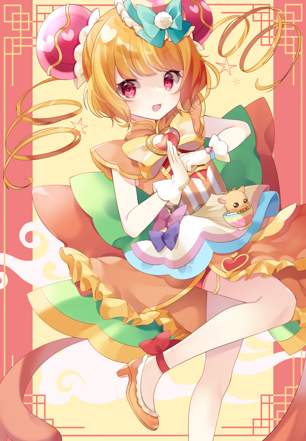 1girl apron back_bow bike_shorts bikini blonde_hair bow bowl brooch bun_cover chinese_clothes cure_yum-yum delicious_party_precure double_bun dragon dress eyebrows_visible_through_hair fighting_stance gloves gradient gradient_background hair_between_eyes hanamichi_ran hanzou heart_brooch highres huge_bow jewelry lips long_hair magical_girl mem-mem_(precure) multicolored_hair open_mouth orange_dress precure red_background red_shorts redhead shorts sleeveless sleeveless_dress standing standing_on_one_leg surprised swimsuit two-tone_background two-tone_hair very_long_hair white_gloves yellow_background yellow_eyes yuni_(irohasuiroiro)