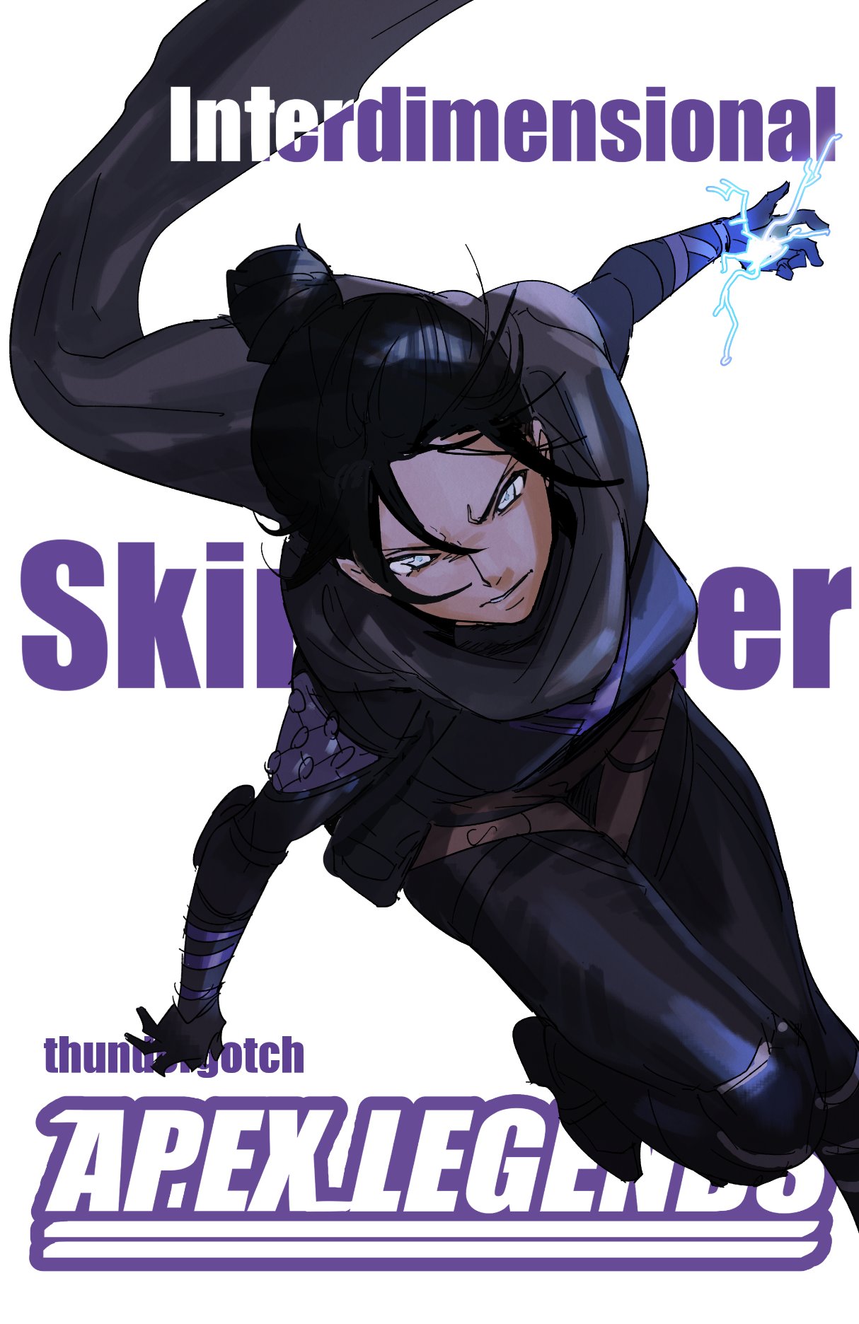 1girl apex_legends artist_name black_bodysuit black_hair black_scarf bleach blue_eyes bodysuit breasts copyright_name cover cover_page electricity fake_cover floating_scarf hair_bun highres logo_parody looking_down manga_cover medium_breasts open_hands parted_lips scarf solo thigh_strap thundergotch wraith_(apex_legends)