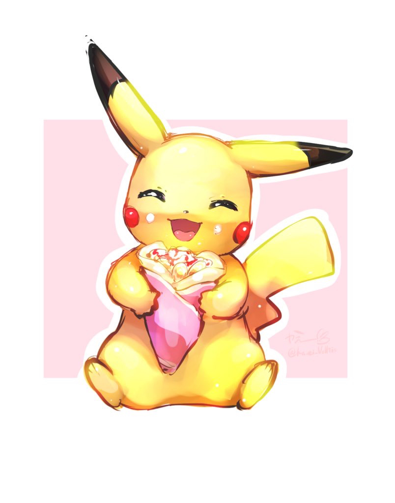 :3 ^_^ animal_focus artist_name blush_stickers border closed_eyes commentary cream crepe eating food food_on_face full_body happy head_tilt holding holding_food ka_ei_volltis no_humans open_mouth outline outside_border pikachu pink_background pokemon pokemon_(creature) signature simple_background sitting sketch smile solo straight-on tongue twitter_username white_border white_outline